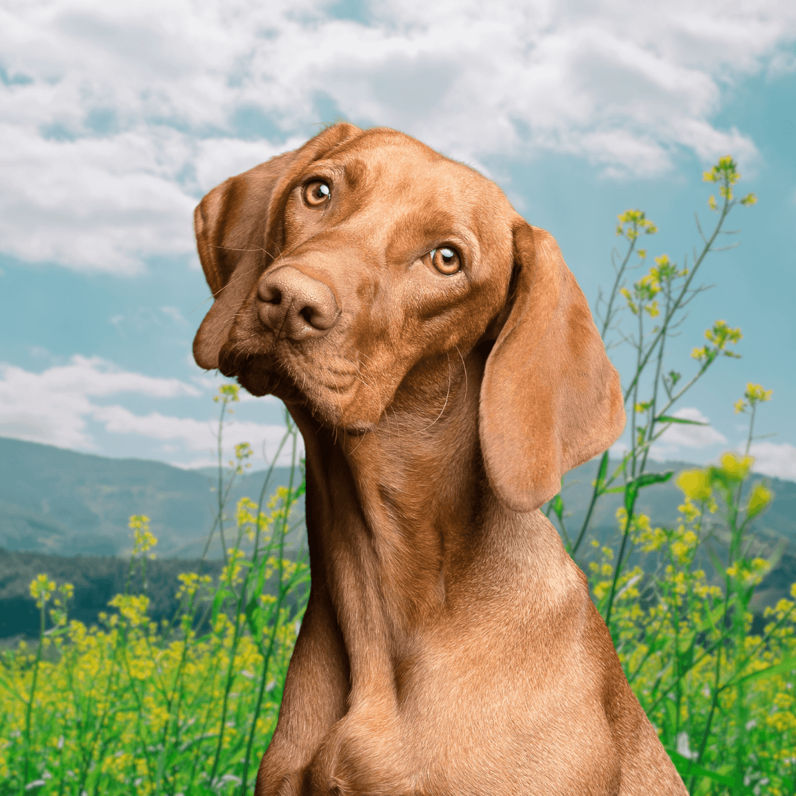 Brown dog with tilted head in a field of yellow flowers under a cloudy sky.